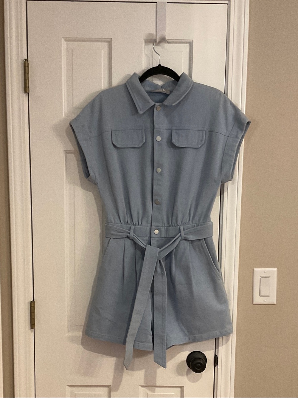 Light Blue Short-Sleeve Utility Romper with Tie Waist